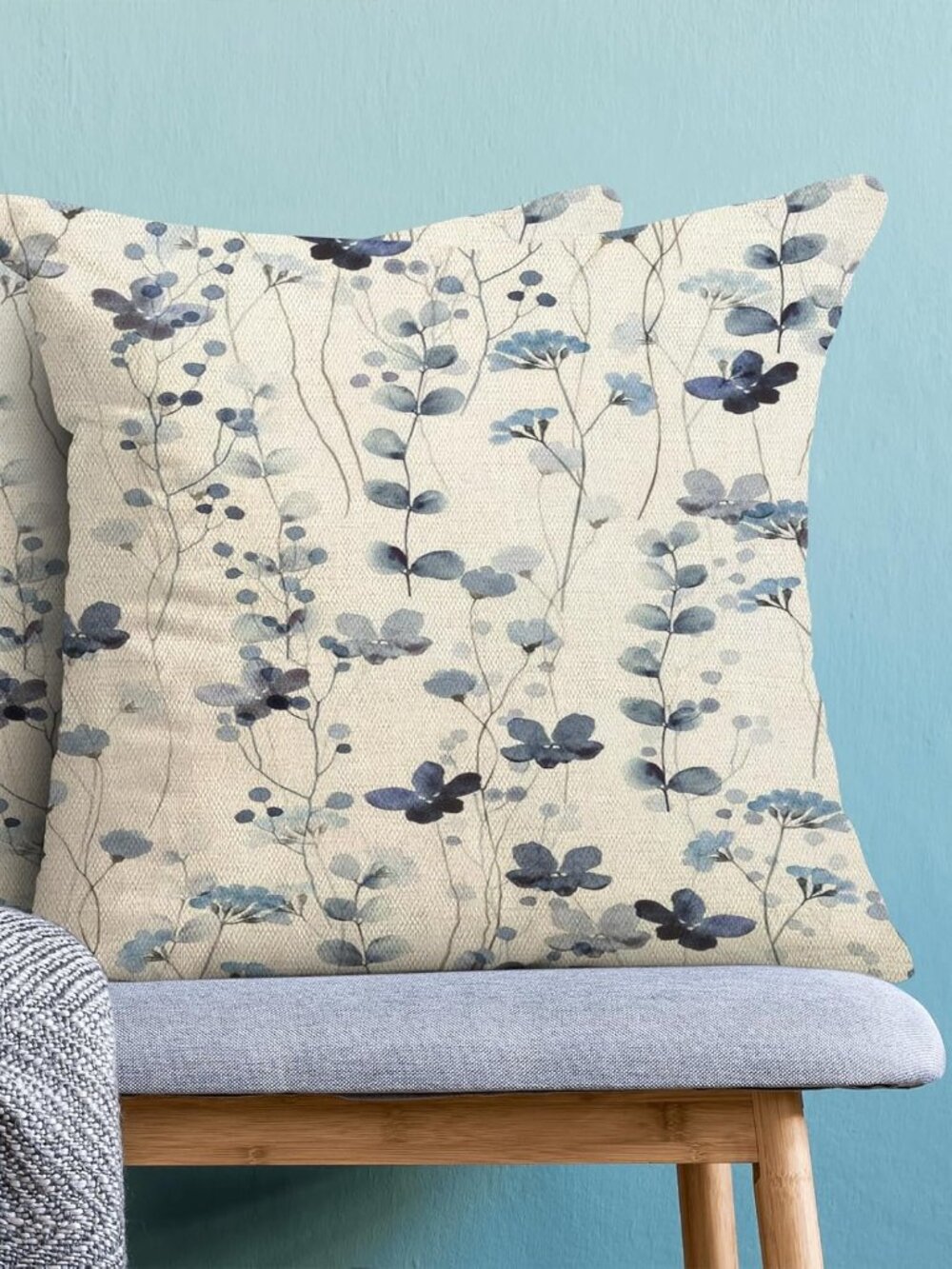 Spring Pillow Covers 16x16 Pack of 2 Watercolor Dark Blue Floral Botanical